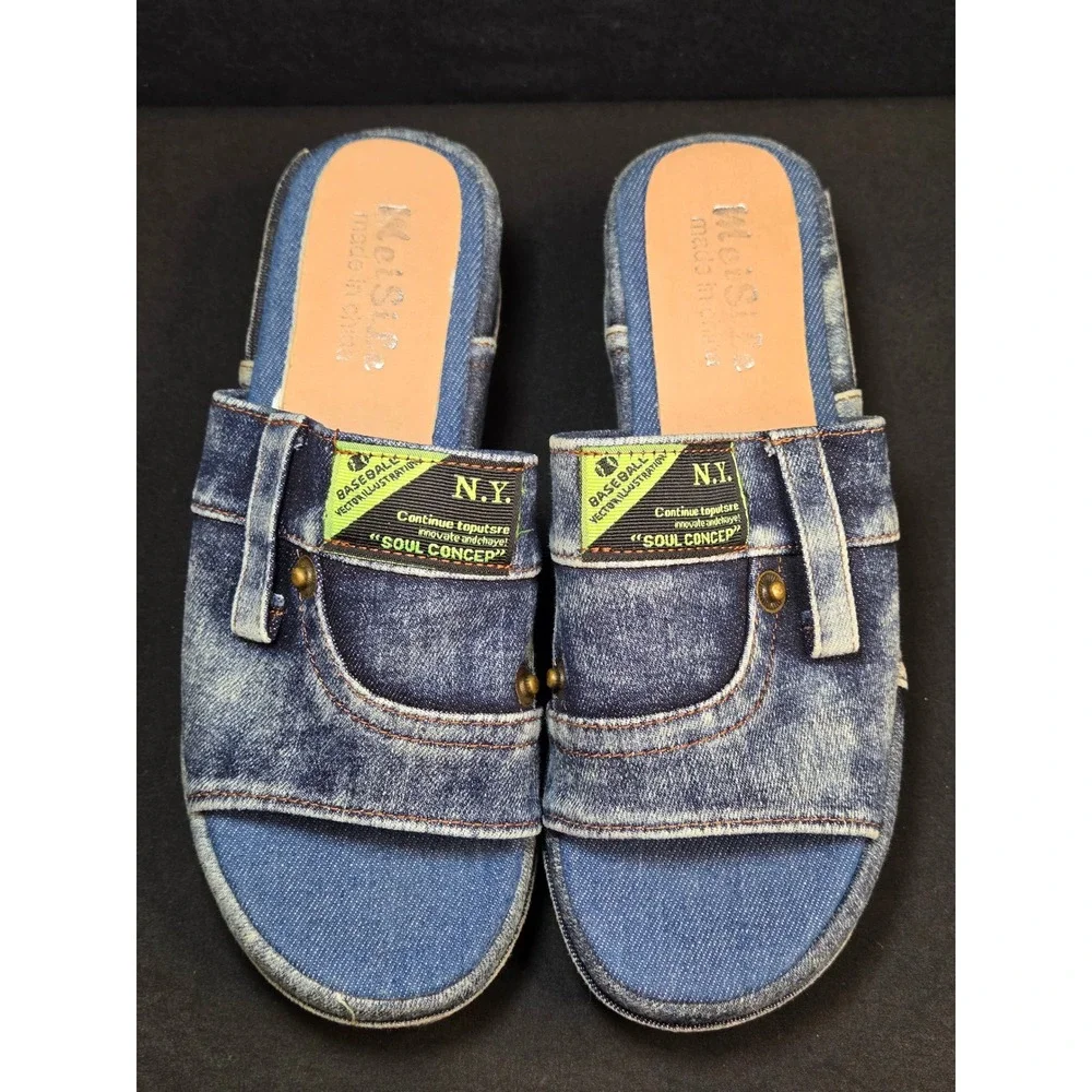 Denim‎ Platform Wedge Slide Sandals Y2K Jean Pocket Mules Blue Acid Wash Size 39